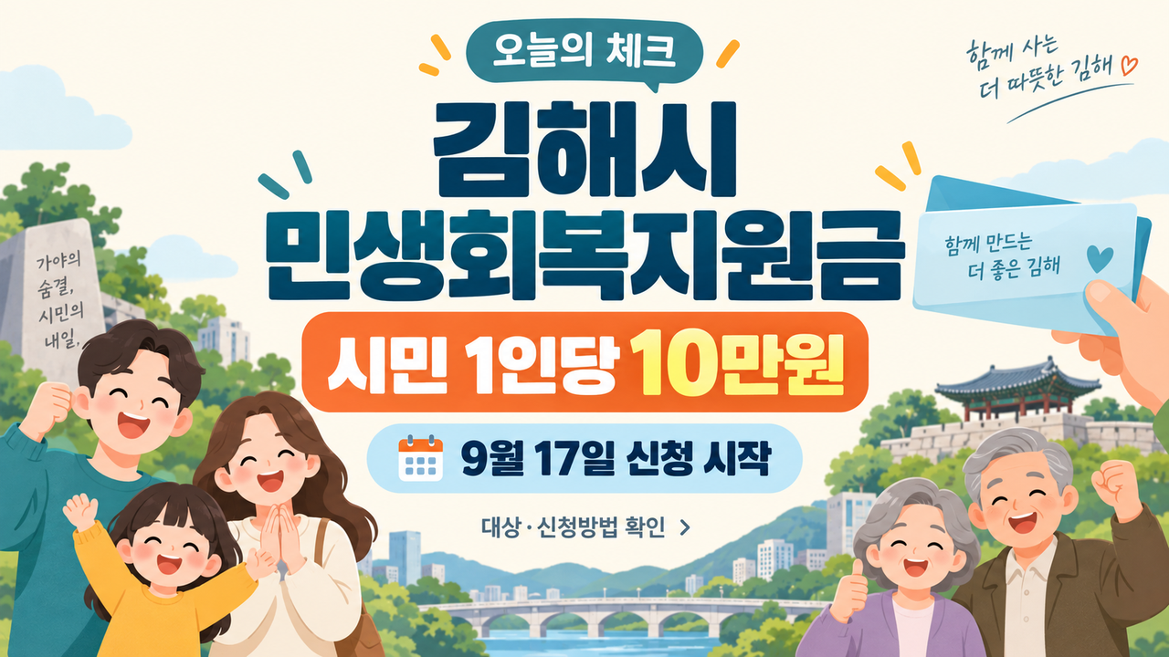 김해시 민생회복지원금 1인당 10만원과 9월 17일 신청 시작을 안내하는 대표이미지