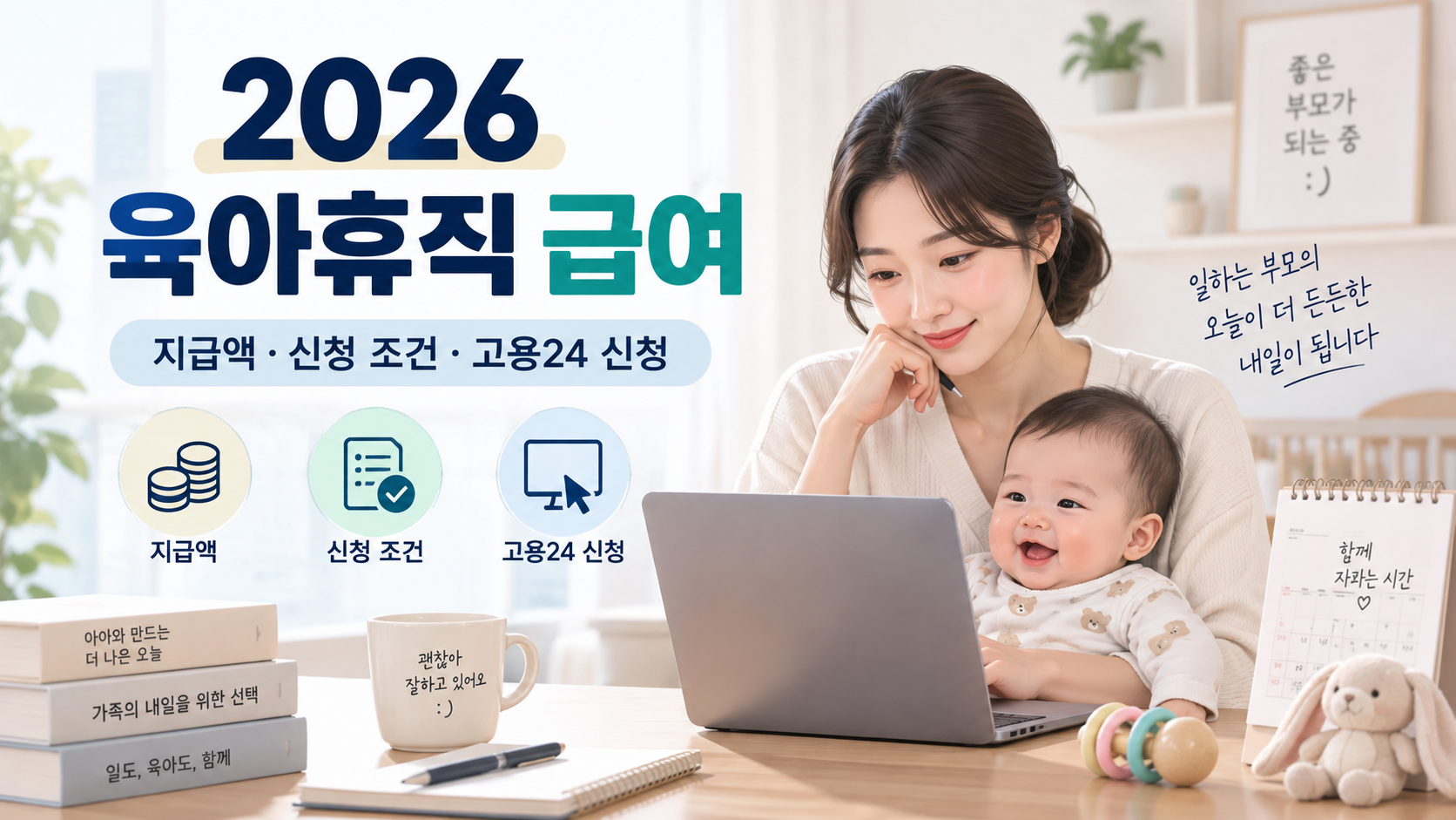 2026 육아휴직 급여 지급액과 신청 조건 및 고용24 신청을 안내하는 부모와 영아 대표이미지