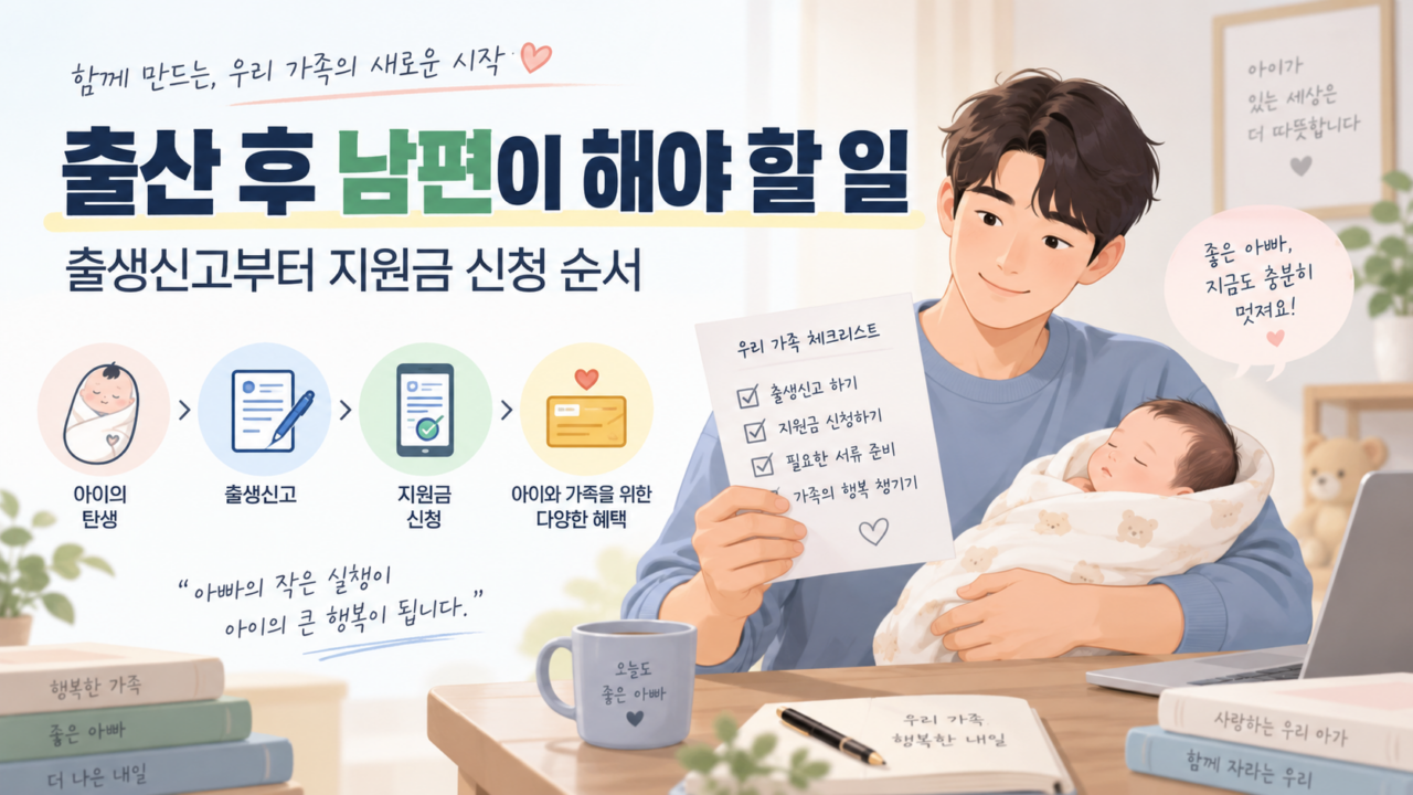 출산 후 남편이 해야 할 일과 출생신고, 지원금 신청 순서를 안내하는 대표이미지